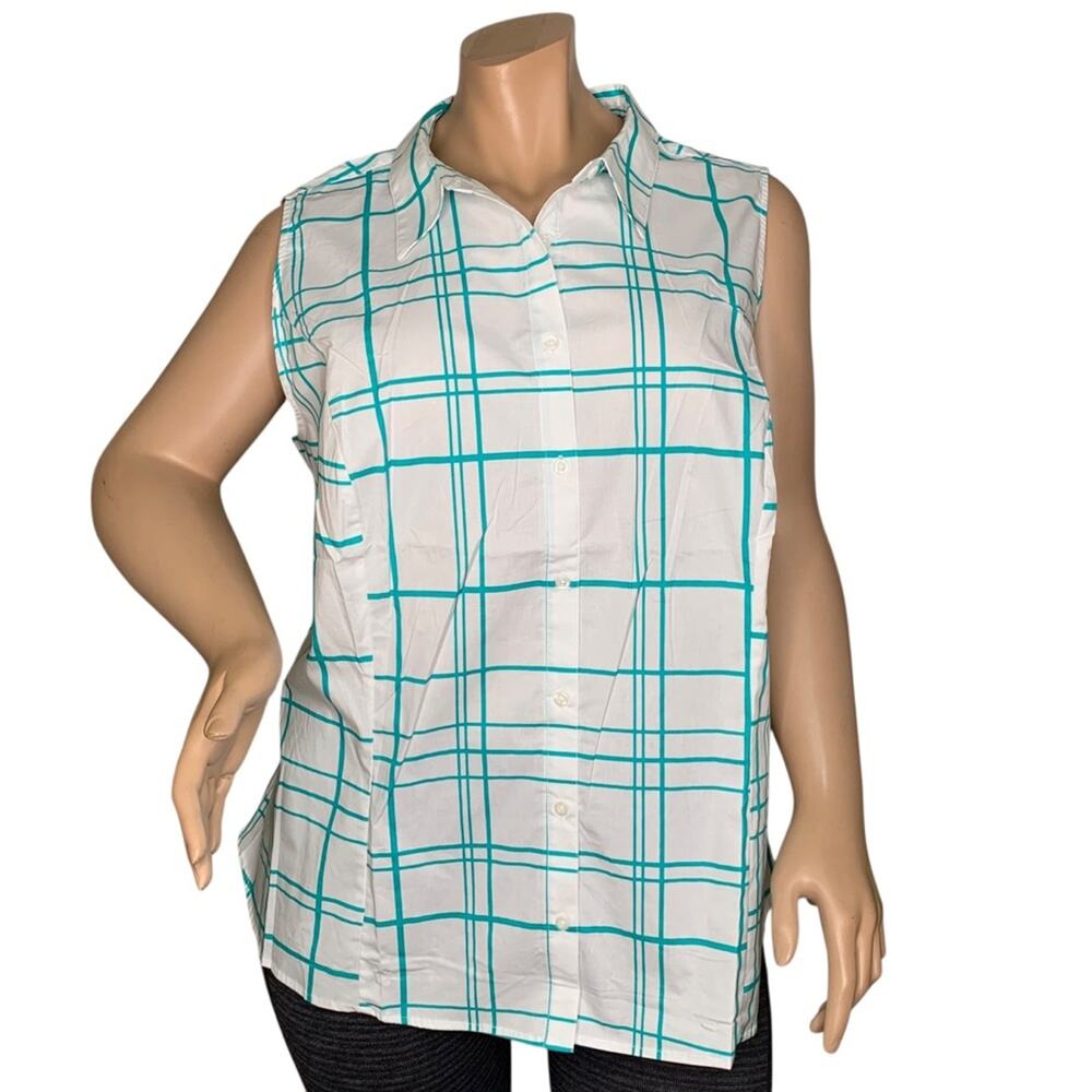 Jessica London NWOT Plaid Blouse Sleeveless White & Green Size 30